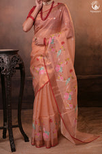 Aliyah - Pastel Peach Handwoven Zari Tissue Kota Saree With Red Blouse-Rutambhara-RUTAMBHARA