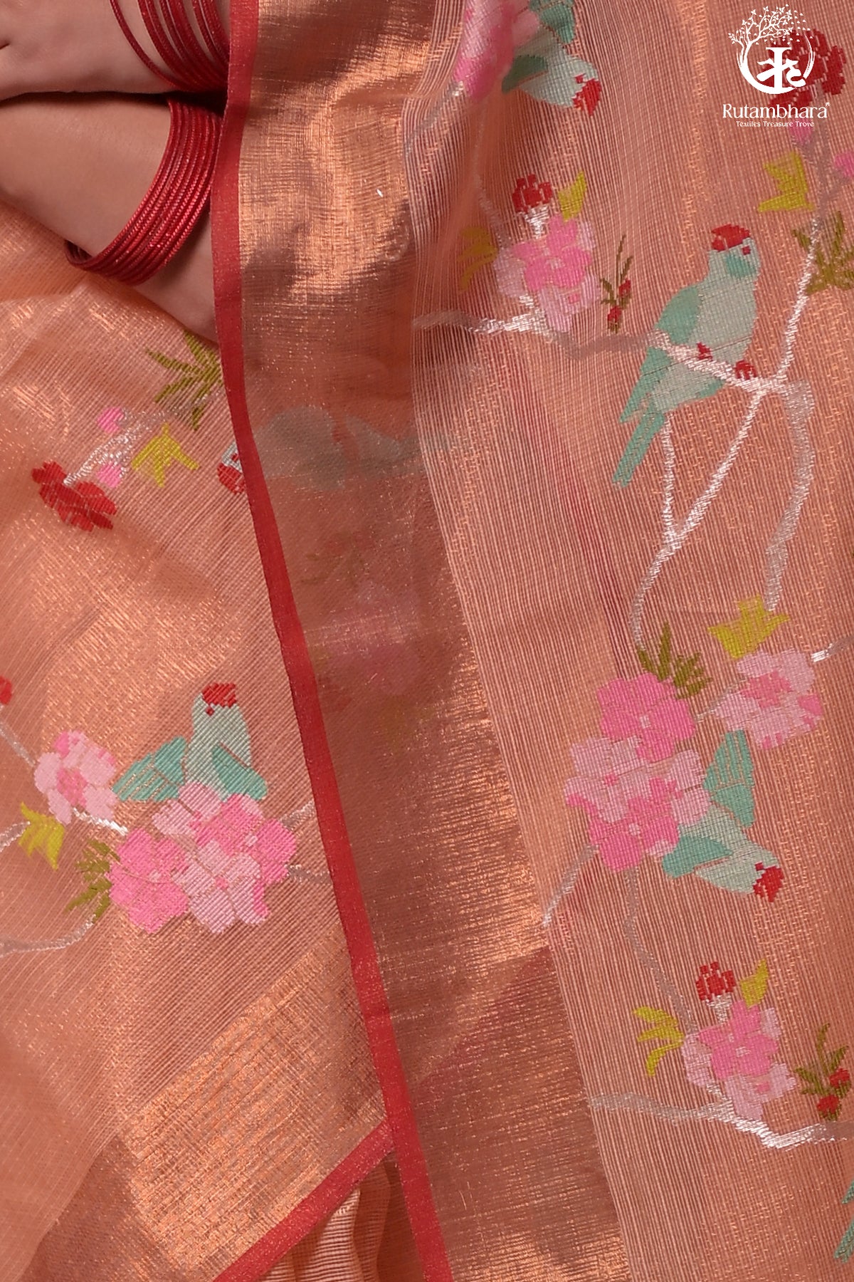 Aliyah - Pastel Peach Handwoven Zari Tissue Kota Saree With Red Blouse