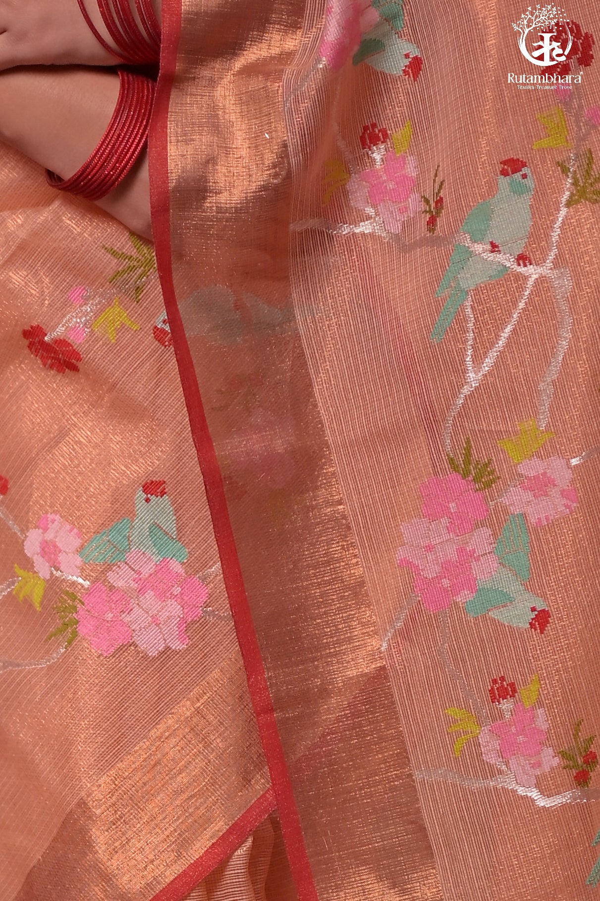Aliyah - Pastel Peach Handwoven Zari Tissue Kota Saree With Red Blouse