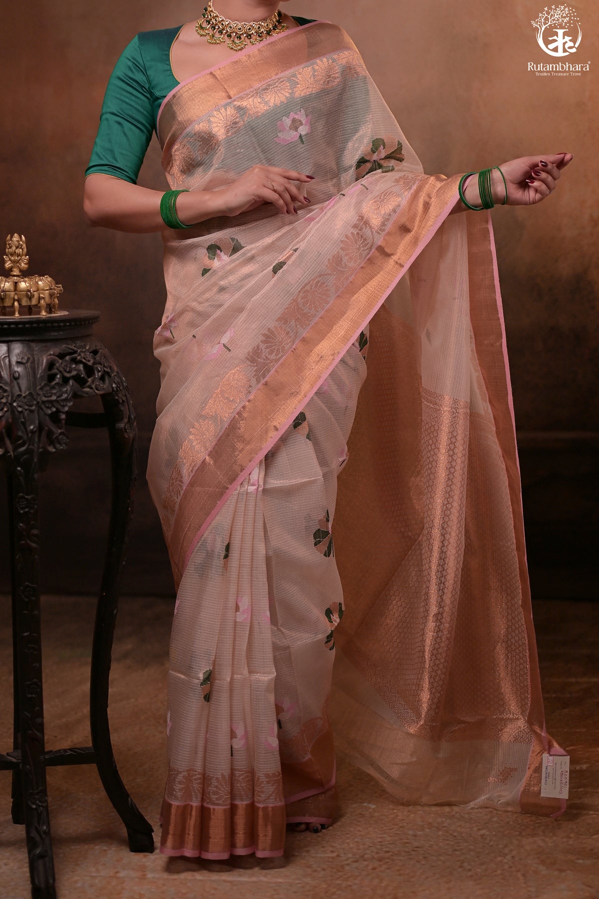 Aliyah - Beige Baby Pink Handwoven Zari Tissue Kota Saree With Soft Pink Blouse