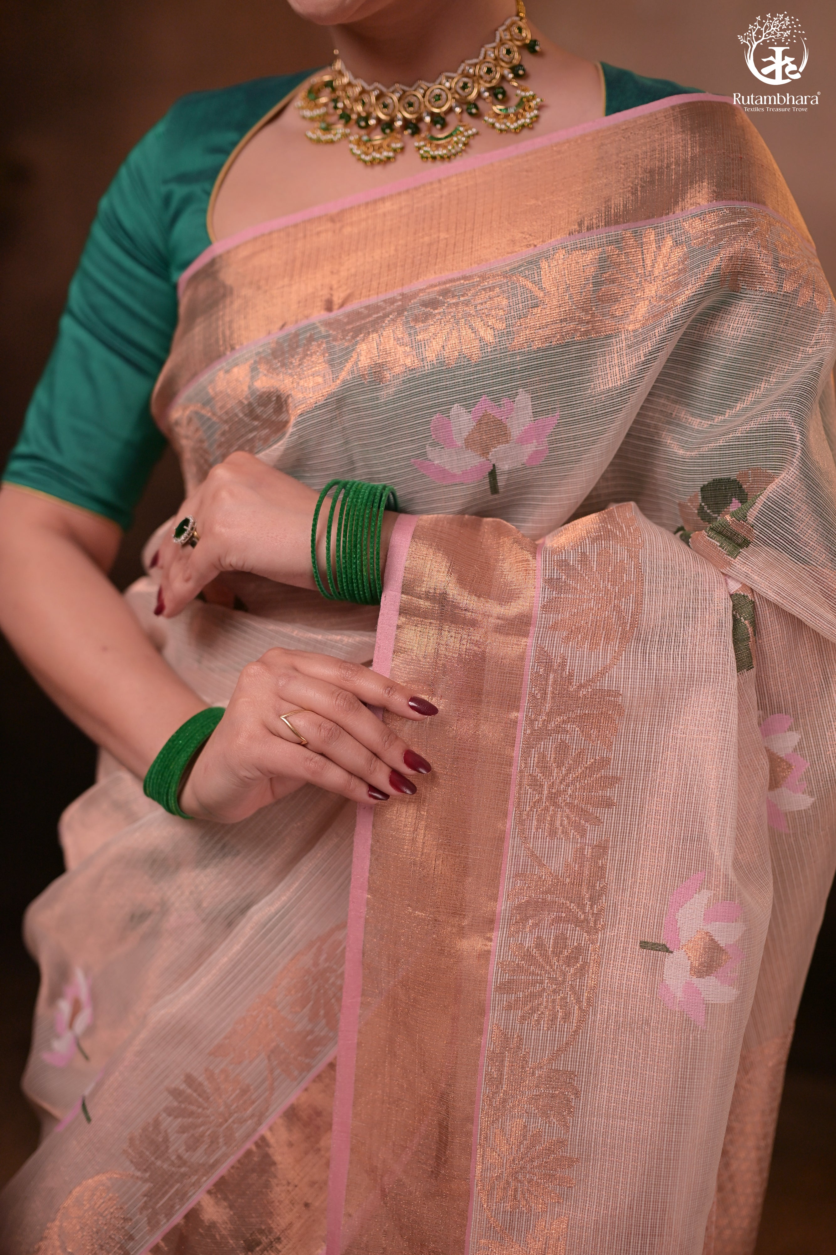 Aliyah - Beige Baby Pink Handwoven Zari Tissue Kota Saree With Soft Pink Blouse