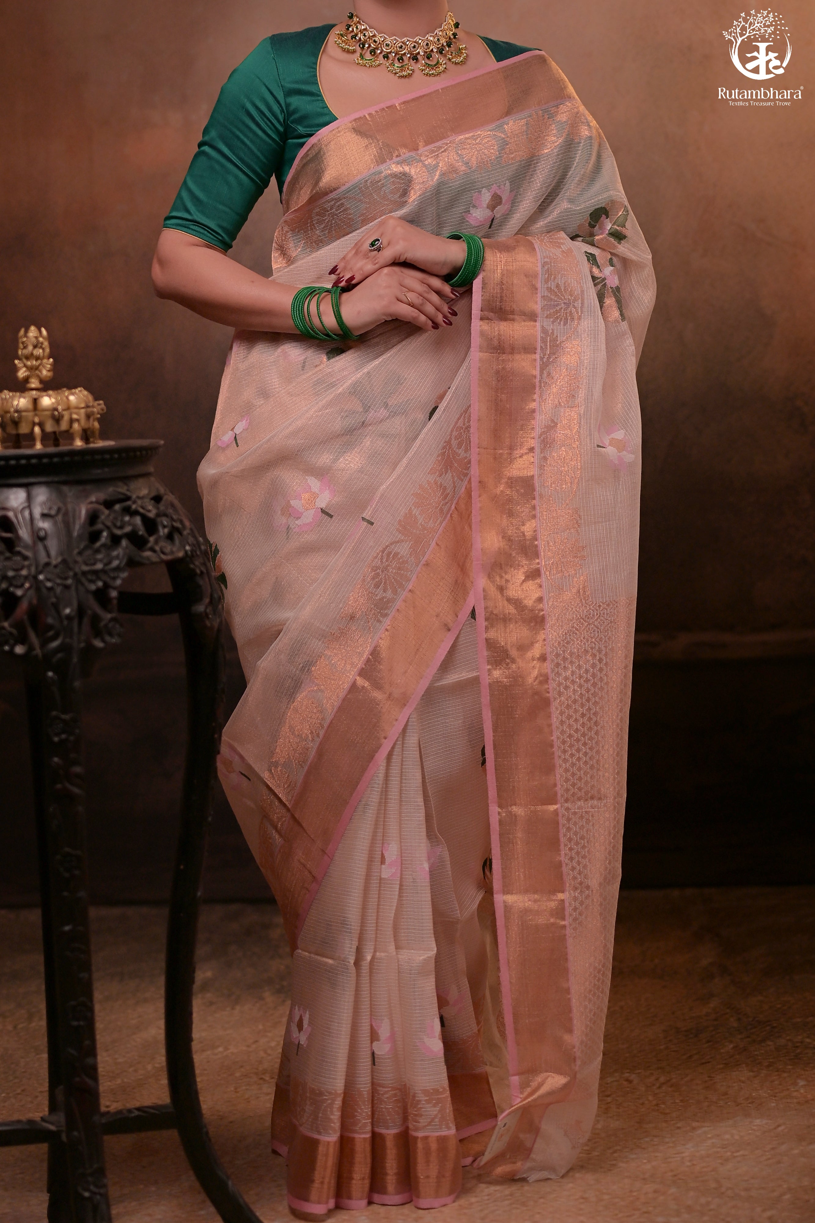 Aliyah - Beige Baby Pink Handwoven Zari Tissue Kota Saree With Soft Pink Blouse