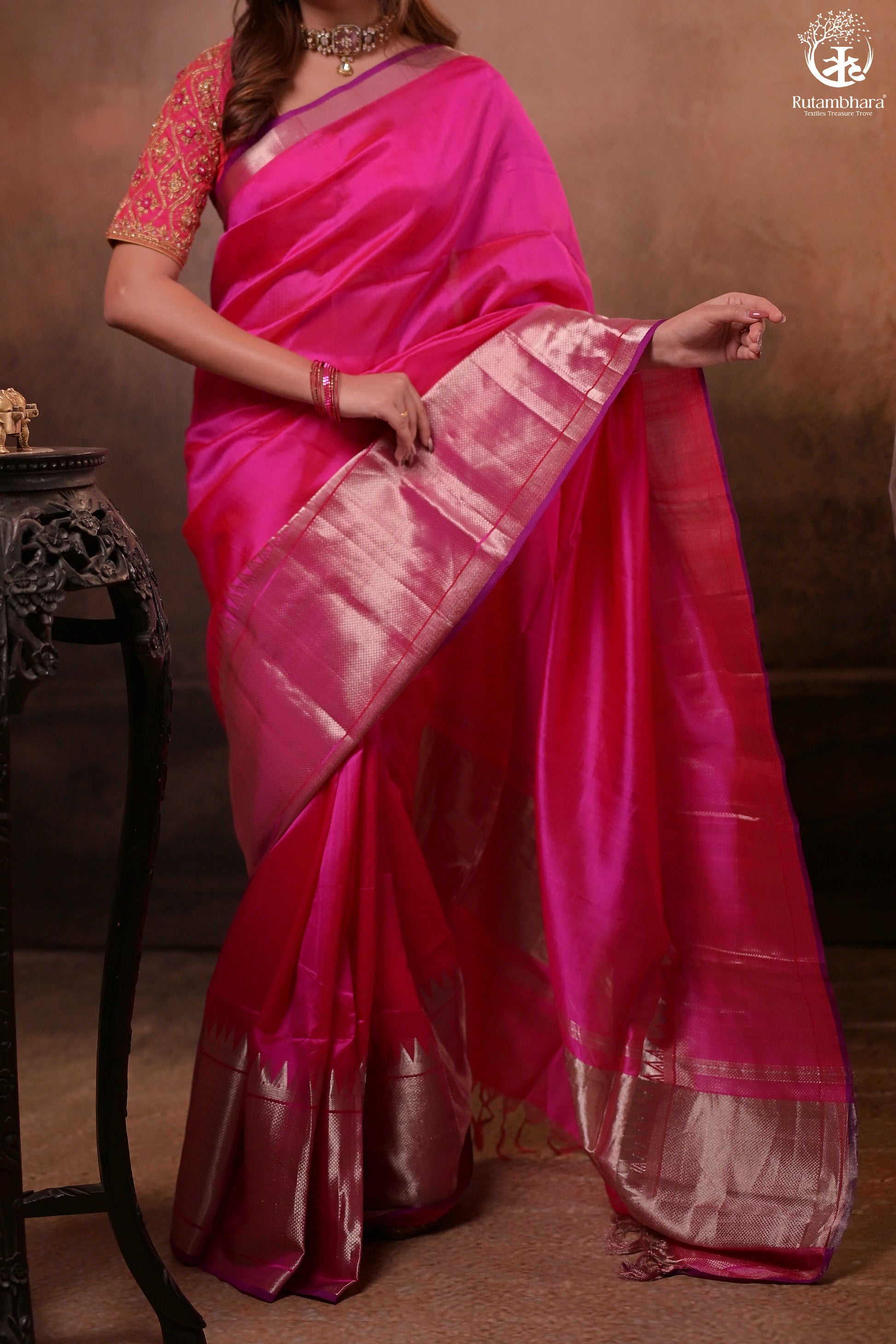 Bhadra - Pink Plain Handwoven Silk Saree With Silver Zari Border-Rutambhara-RUTAMBHARA