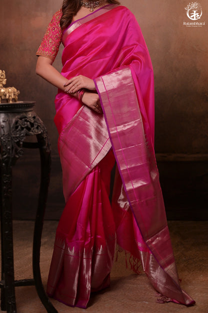Bhadra - Pink Plain Handwoven Silk Saree With Silver Zari Border-Rutambhara-RUTAMBHARA