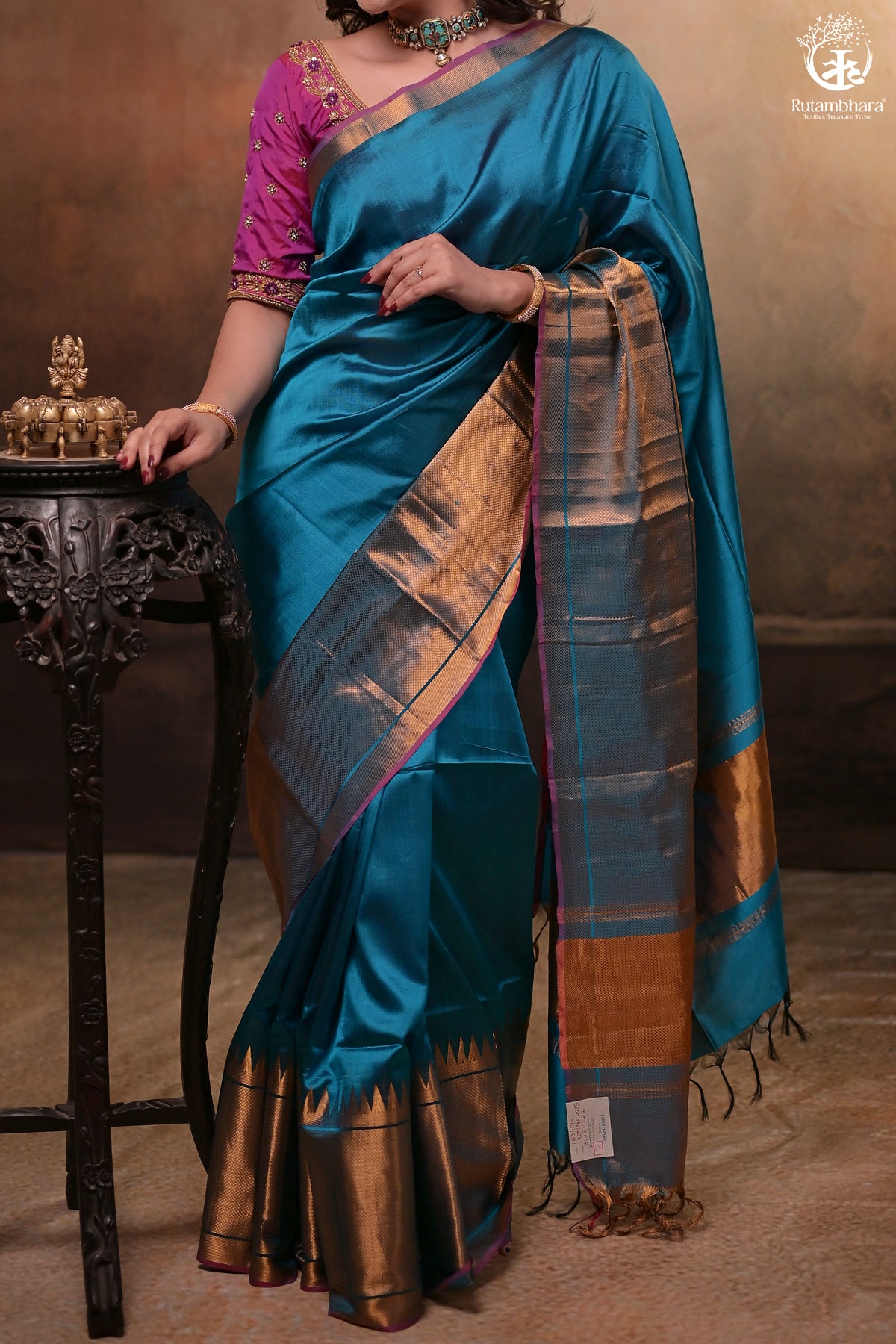 BHADRA - BLUE PLAIN HANDWOVEN SILK SAREE WITH GOLD ZARI BORDER
