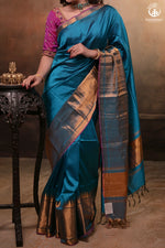 BHADRA - BLUE PLAIN HANDWOVEN SILK SAREE WITH GOLD ZARI BORDER-Rutambhara-RUTAMBHARA