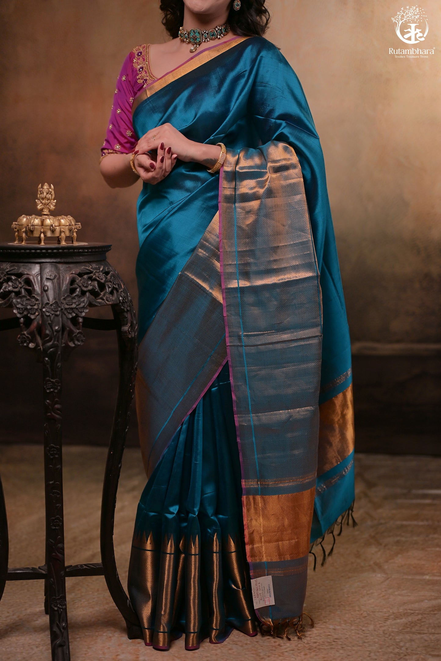 BHADRA - BLUE PLAIN HANDWOVEN SILK SAREE WITH GOLD ZARI BORDER