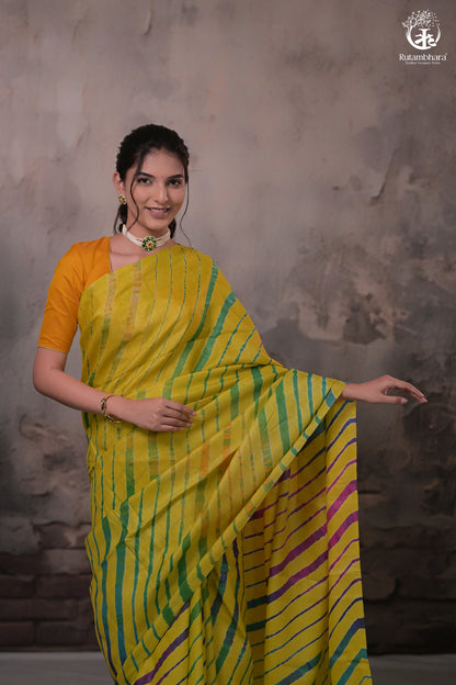 Dhanak - Yellow Leheriya Saree In Tussar Silk-Rutambhara-RUTAMBHARA