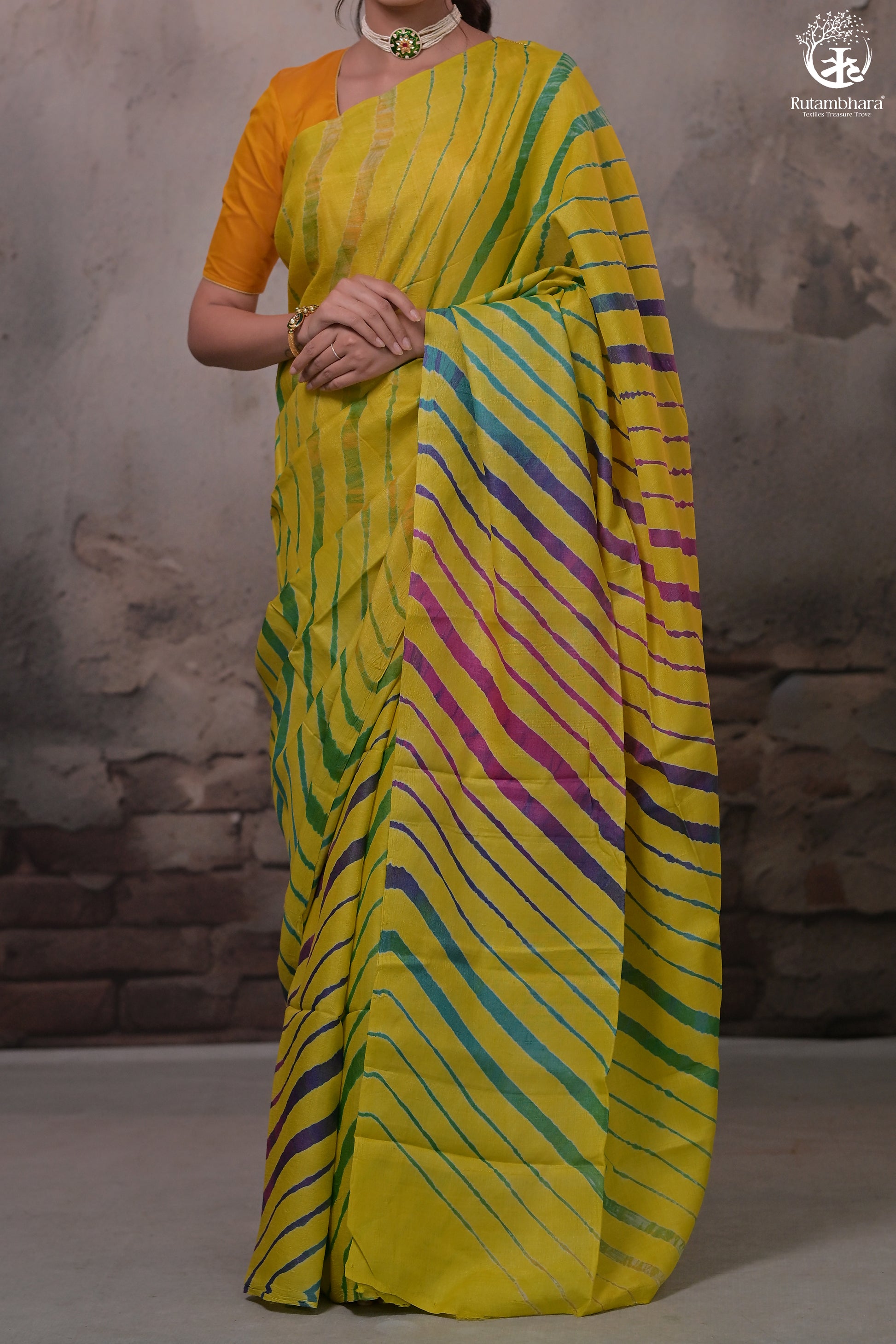 Dhanak - Yellow Leheriya Saree In Tussar Silk-Rutambhara-RUTAMBHARA