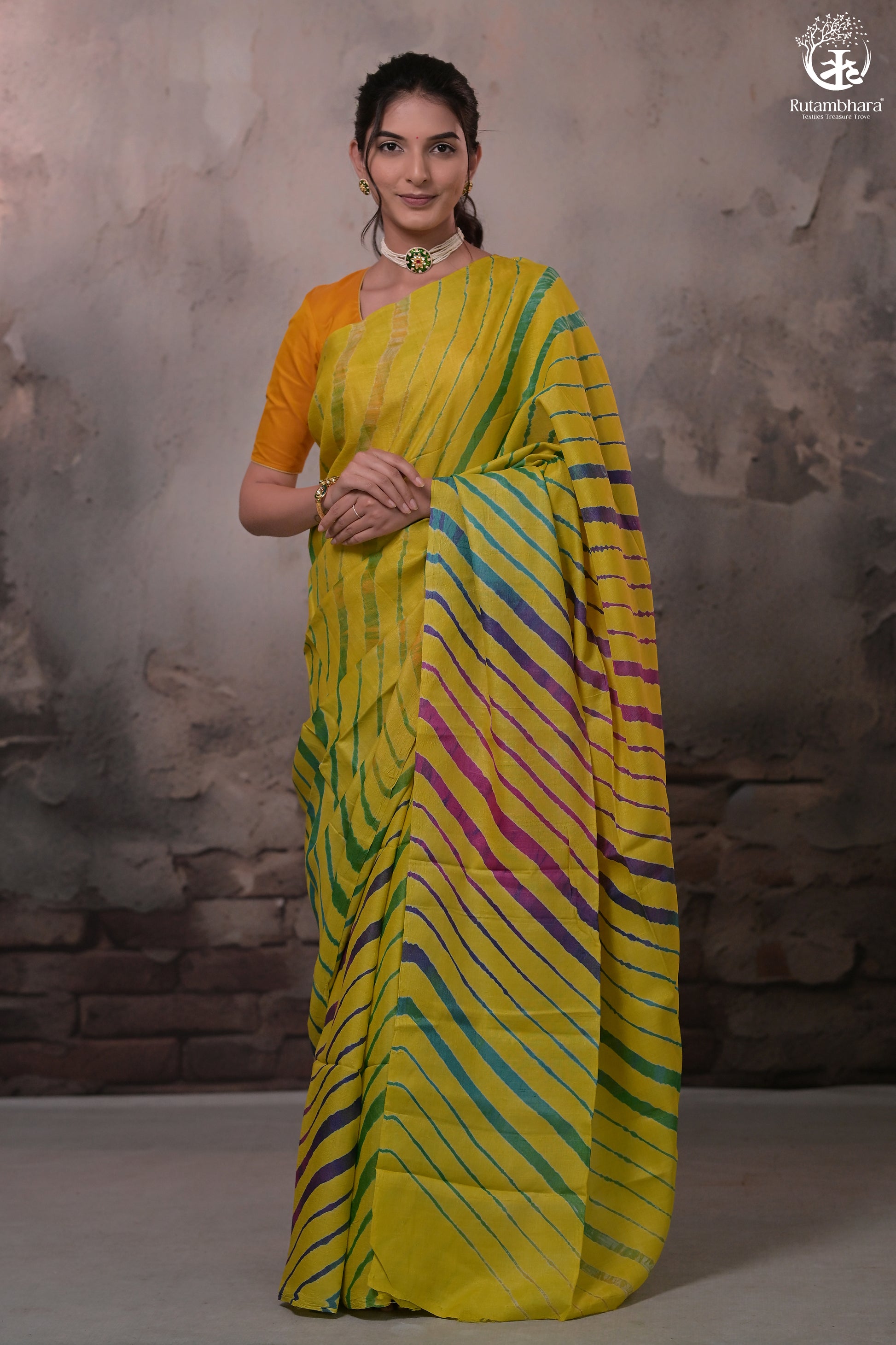 Dhanak - Yellow Leheriya Saree In Tussar Silk-Rutambhara-RUTAMBHARA