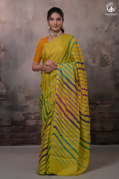 Dhanak - Yellow Leheriya Saree In Tussar Silk-Rutambhara-RUTAMBHARA