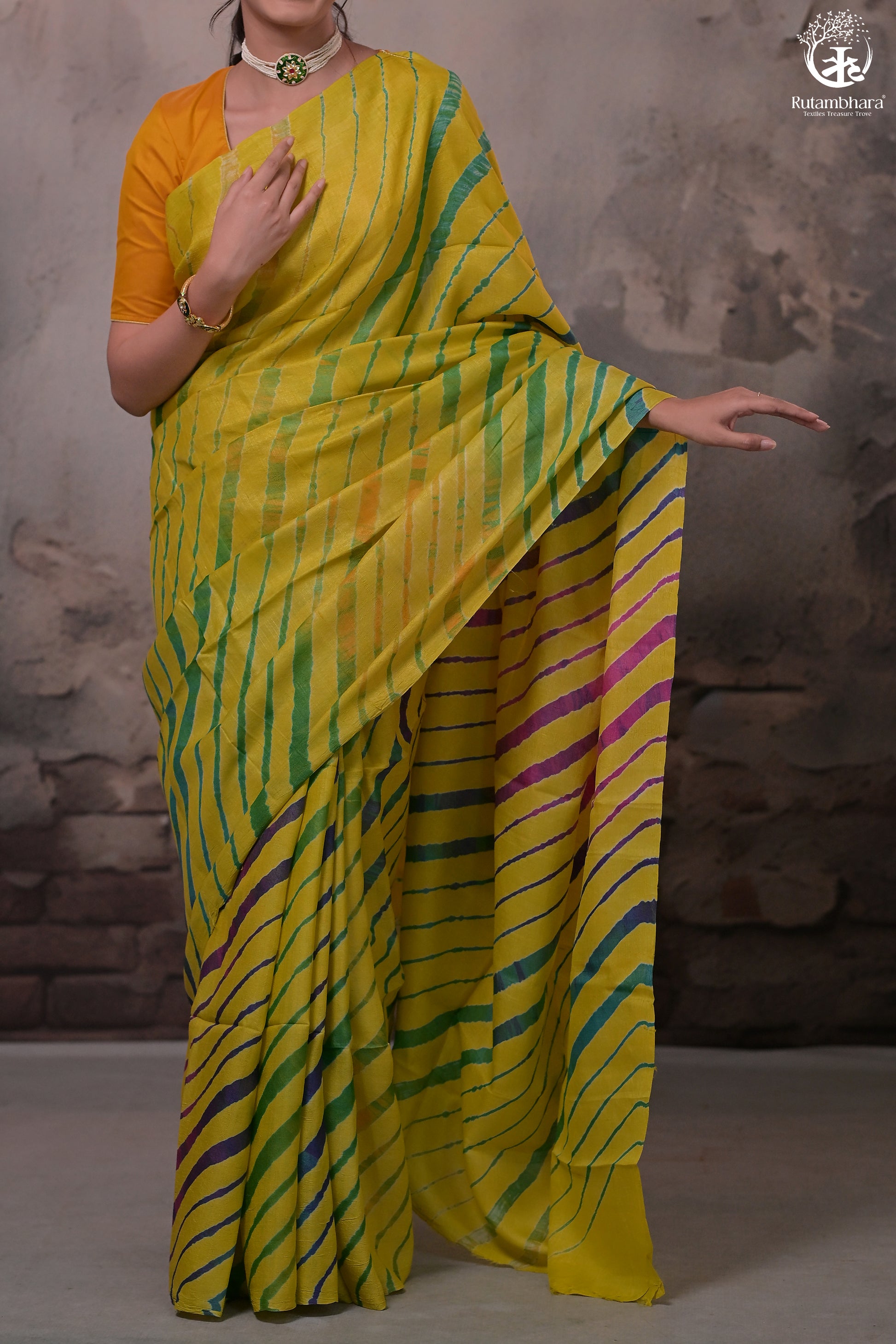 Dhanak - Yellow Leheriya Saree In Tussar Silk-Rutambhara-RUTAMBHARA