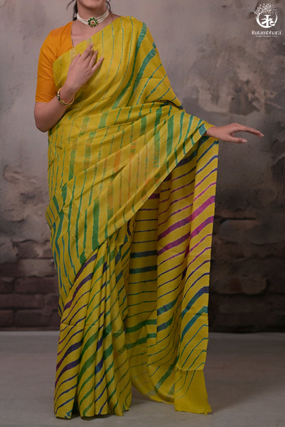 Dhanak - Yellow Leheriya Saree In Tussar Silk-Rutambhara-RUTAMBHARA