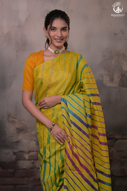 Dhanak - Yellow Leheriya Saree In Tussar Silk-Rutambhara-RUTAMBHARA