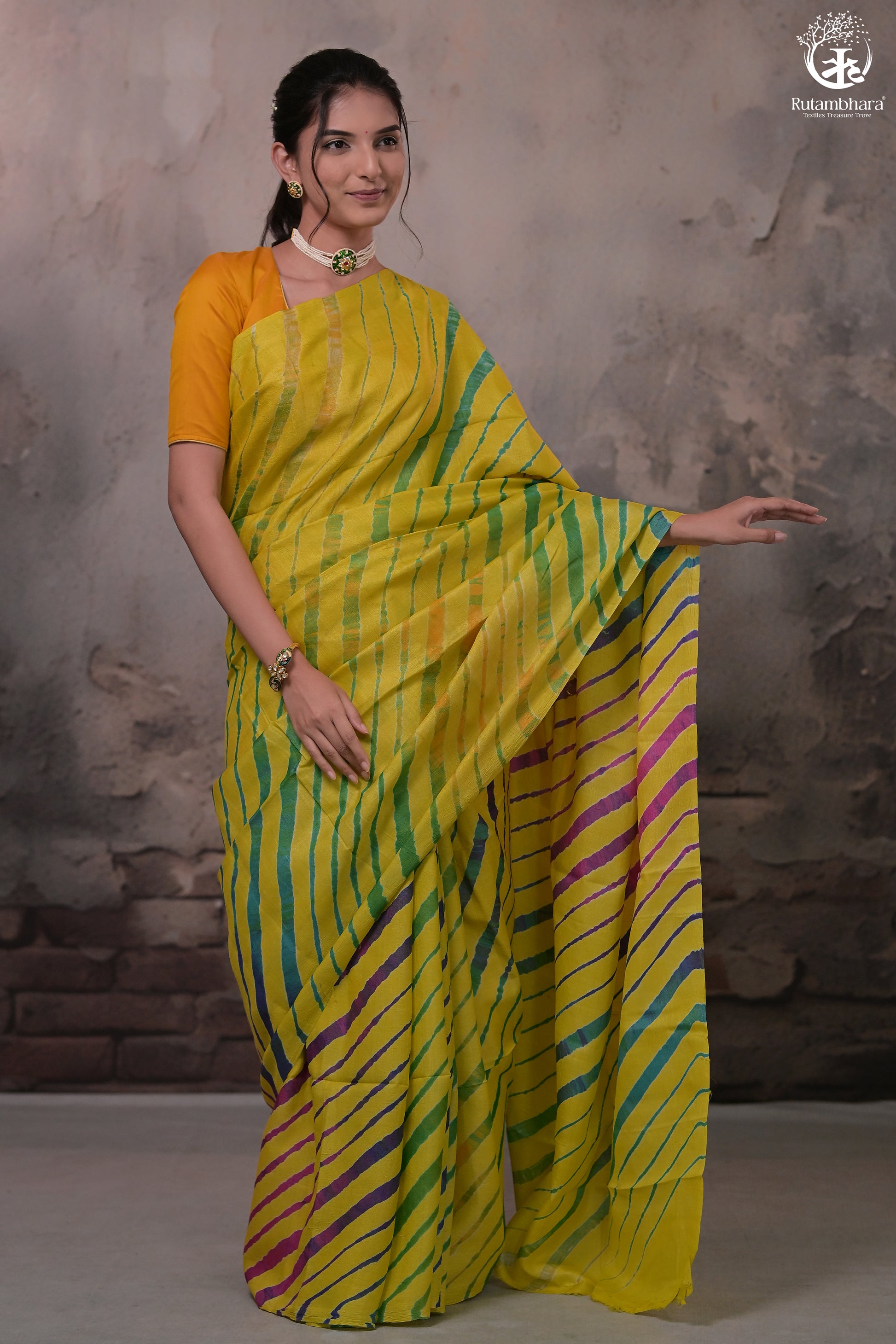 Dhanak - Yellow Leheriya Saree In Tussar Silk-Rutambhara-RUTAMBHARA
