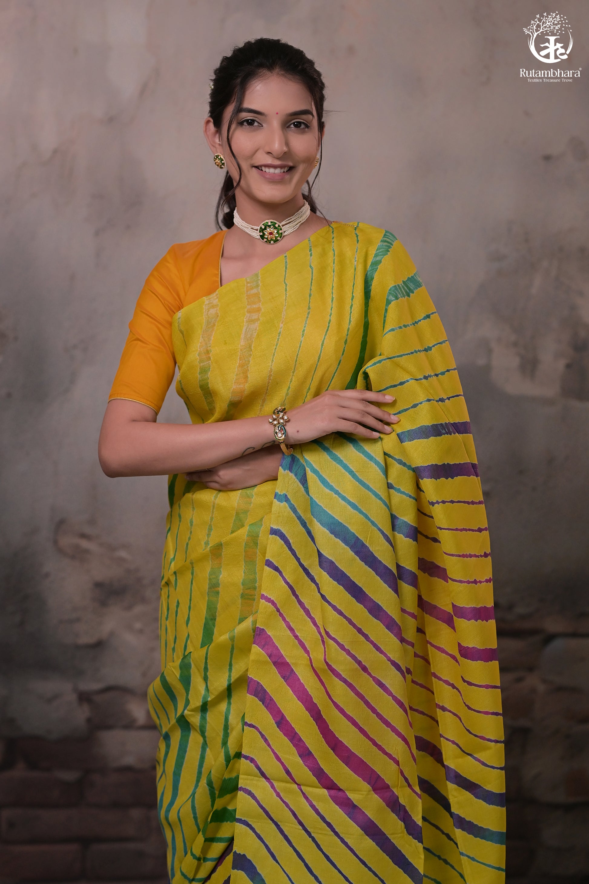 Dhanak - Yellow Leheriya Saree In Tussar Silk-Rutambhara-RUTAMBHARA