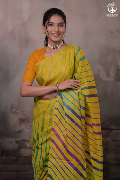 Dhanak - Yellow Leheriya Saree In Tussar Silk-Rutambhara-RUTAMBHARA