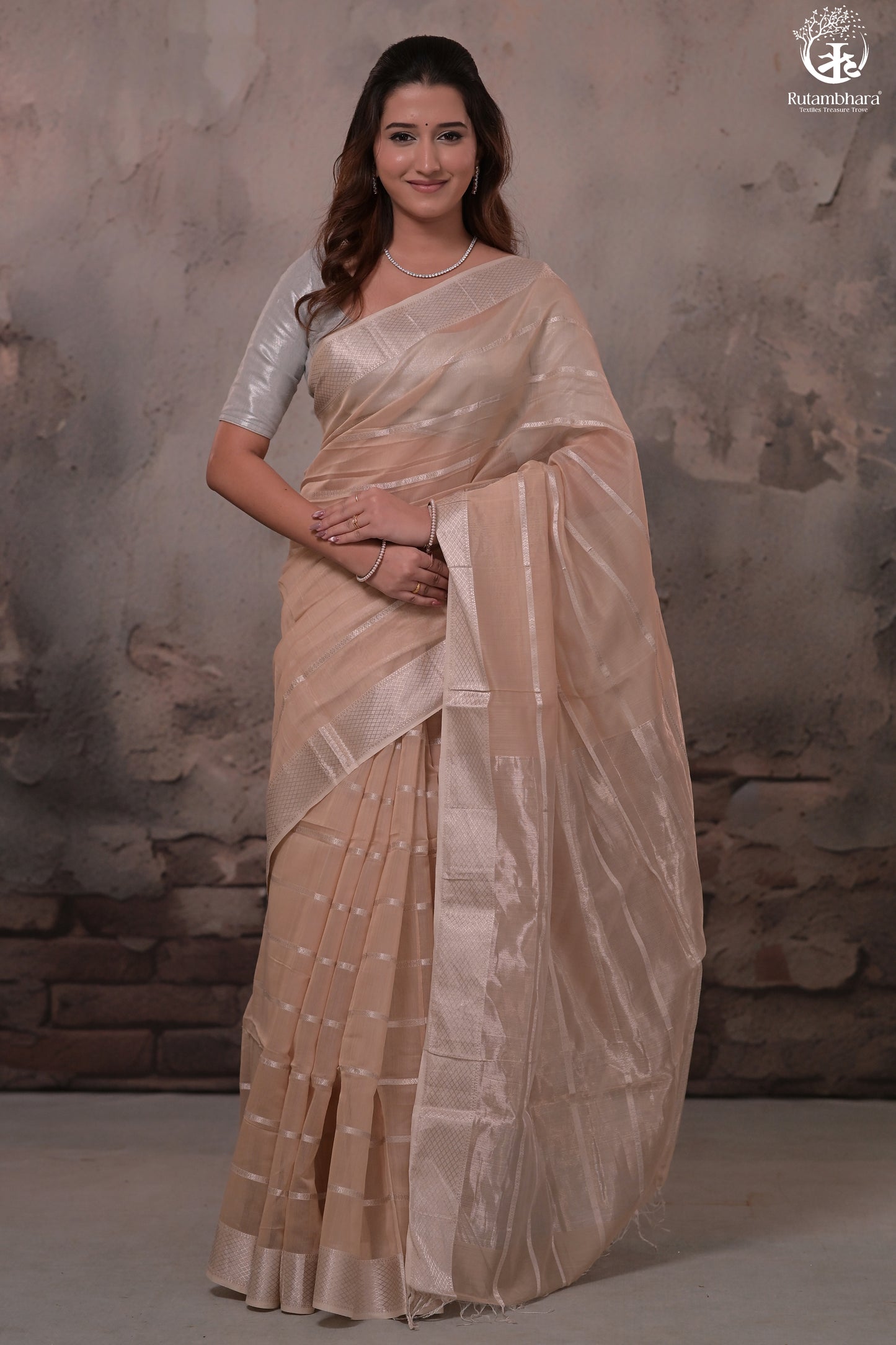 Narmaa - Beige Silver Zari Creeper Chatai Border Silk Cotton Saree