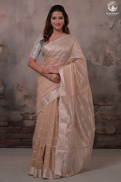 Narmaa - Beige Silver Zari Creeper Chatai Border Silk Cotton Saree-Rutambhara-RUTAMBHARA