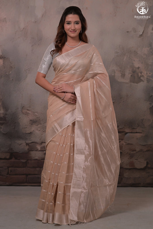 Narmaa - Beige Silver Zari Creeper Chatai Border Silk Cotton Saree