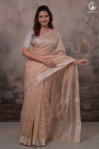 Narmaa - Beige Silver Zari Creeper Chatai Border Silk Cotton Saree-Rutambhara-RUTAMBHARA