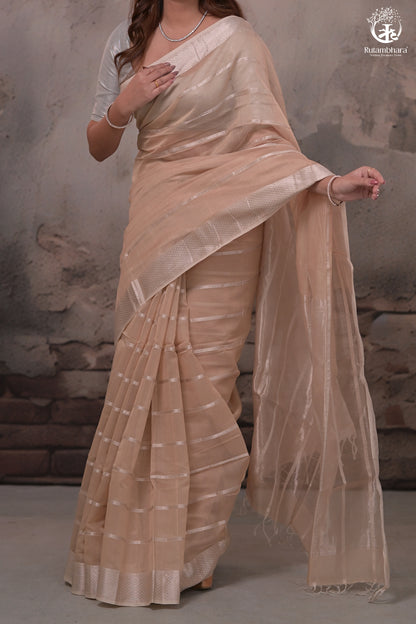 Narmaa - Beige Silver Zari Creeper Chatai Border Silk Cotton Saree-Rutambhara-RUTAMBHARA