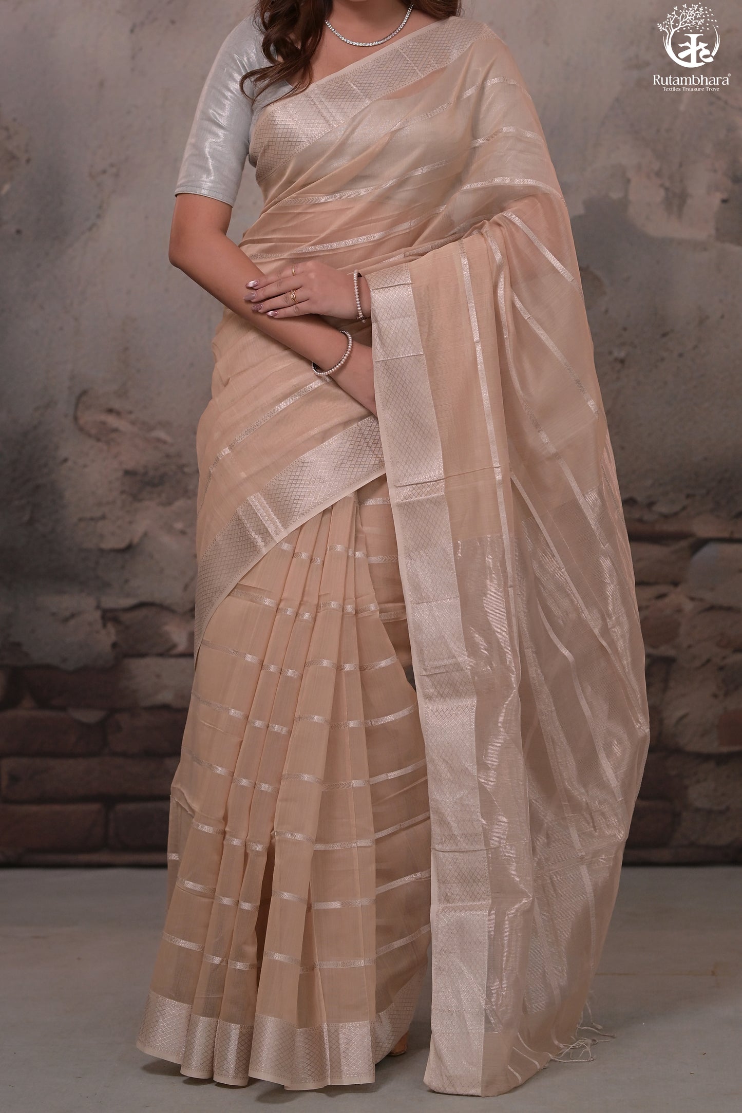 Narmaa - Beige Silver Zari Creeper Chatai Border Silk Cotton Saree