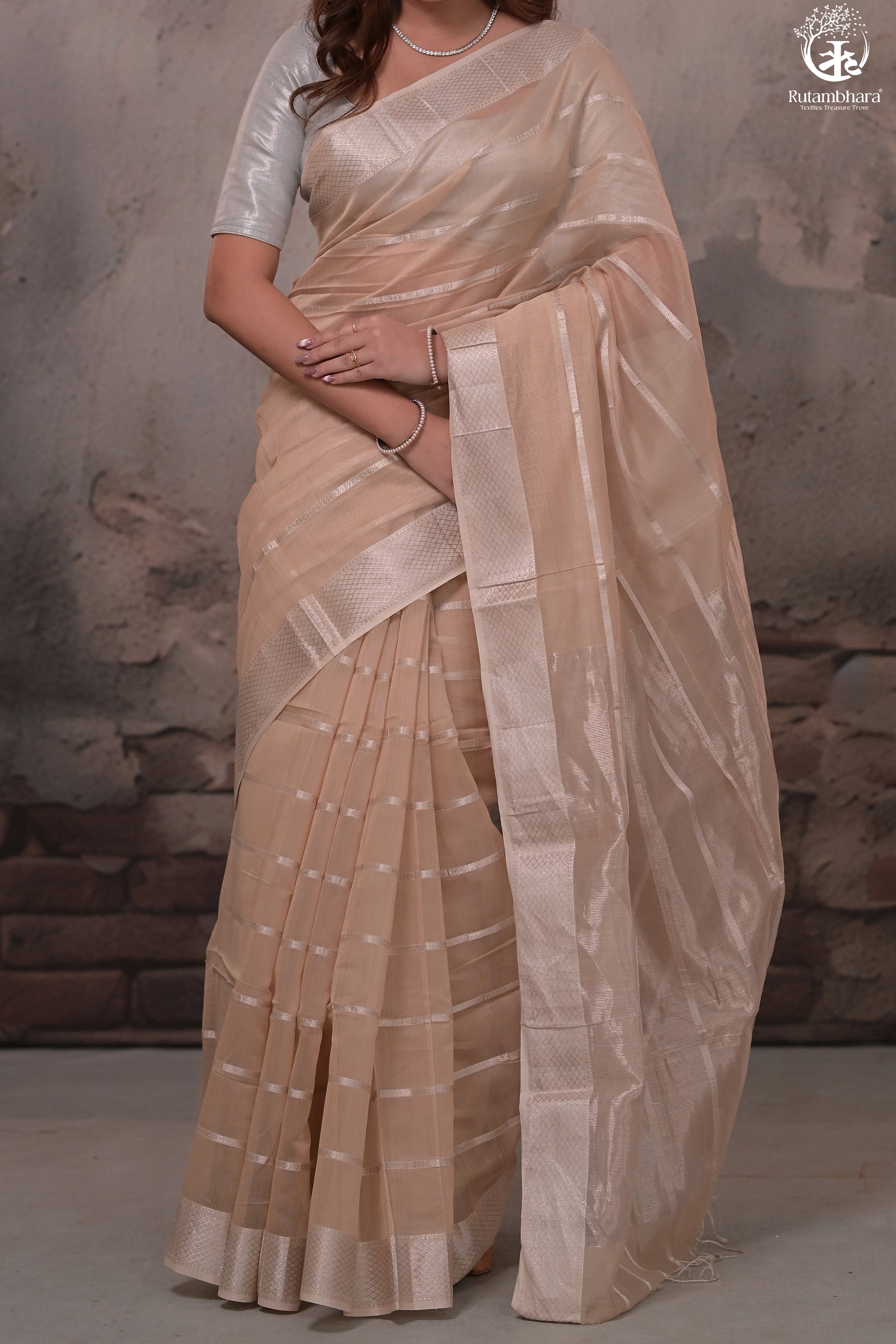 Narmaa - Beige Silver Zari Creeper Chatai Border Silk Cotton Saree-Rutambhara-RUTAMBHARA