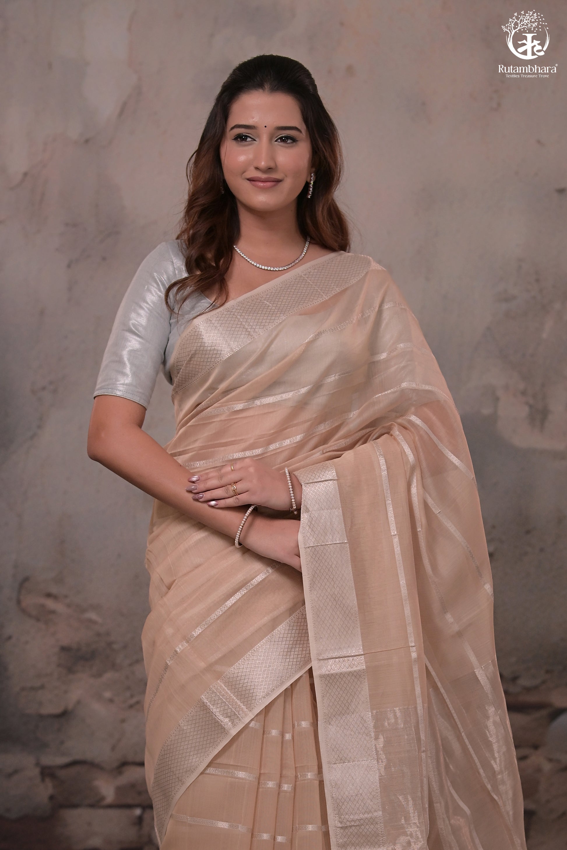 Narmaa - Beige Silver Zari Creeper Chatai Border Silk Cotton Saree-Rutambhara-RUTAMBHARA