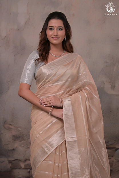 Narmaa - Beige Silver Zari Creeper Chatai Border Silk Cotton Saree-Rutambhara-RUTAMBHARA