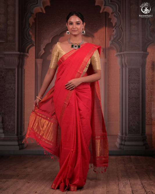 Bhadra - Elegant Gulaal Red Pure Cotton Saree with Gold Zari and Kalamkari Blouse Piece
