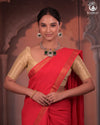 Bhadra - Elegant Gulaal Red Pure Cotton Saree with Gold Zari and Kalamkari Blouse Piece