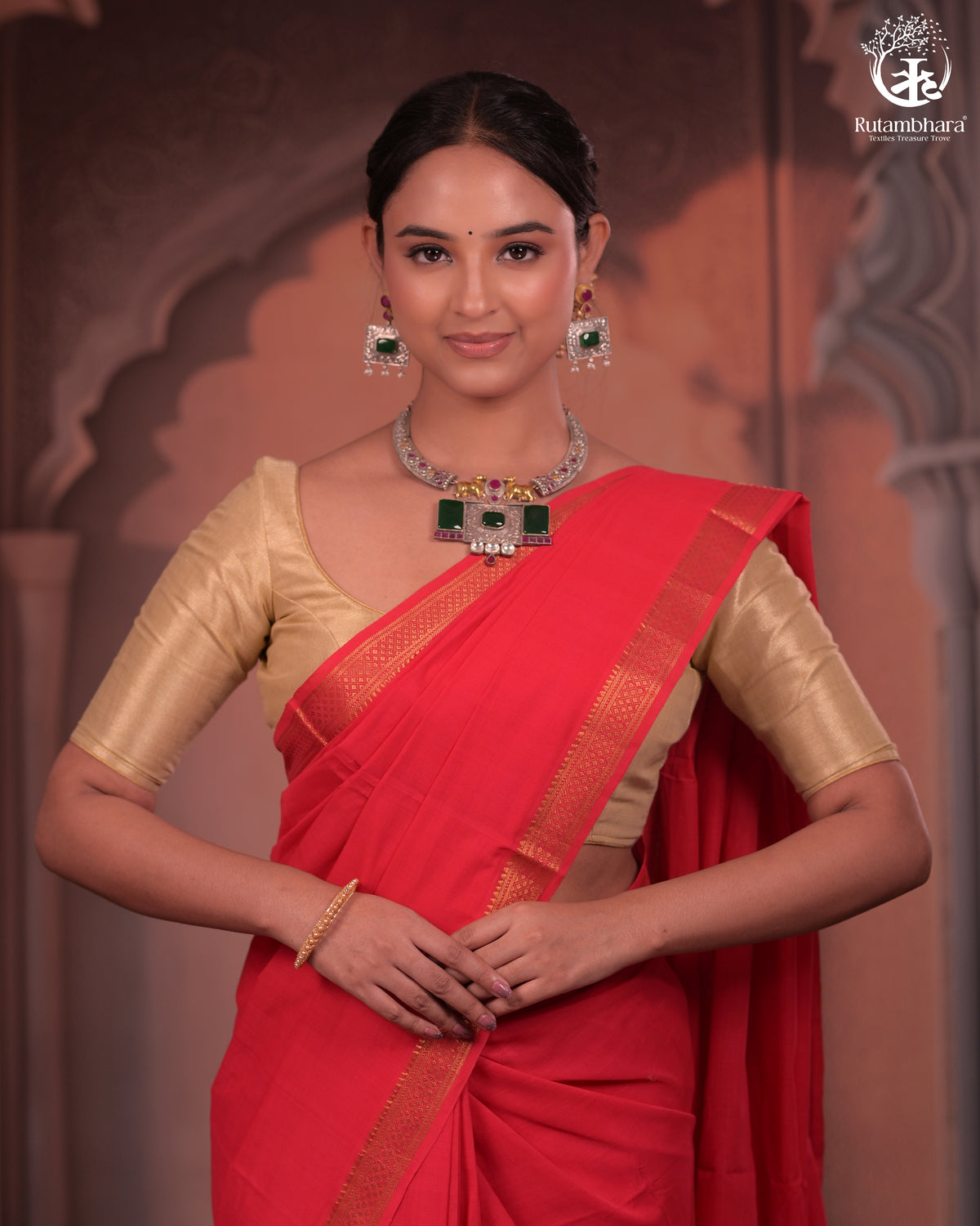Bhadra - Elegant Gulaal Red Pure Cotton Saree with Gold Zari and Kalamkari Blouse Piece