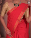 Bhadra - Elegant Gulaal Red Pure Cotton Saree with Gold Zari and Kalamkari Blouse Piece