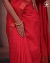 Bhadra - Elegant Gulaal Red Pure Cotton Saree with Gold Zari and Kalamkari Blouse Piece