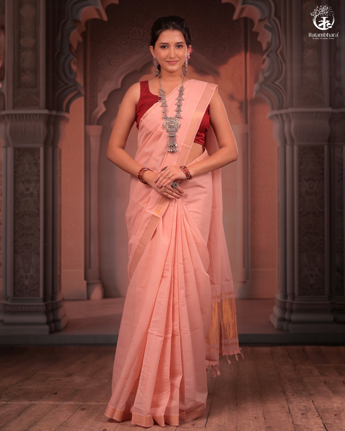 BHADRA - Elegant Blush Pink Pure Cotton Saree with Gold Border and Kalamkari Blouse