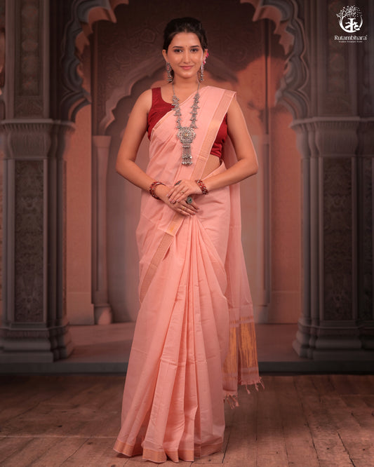 BHADRA - Elegant Blush Pink Pure Cotton Saree with Gold Border and Kalamkari Blouse