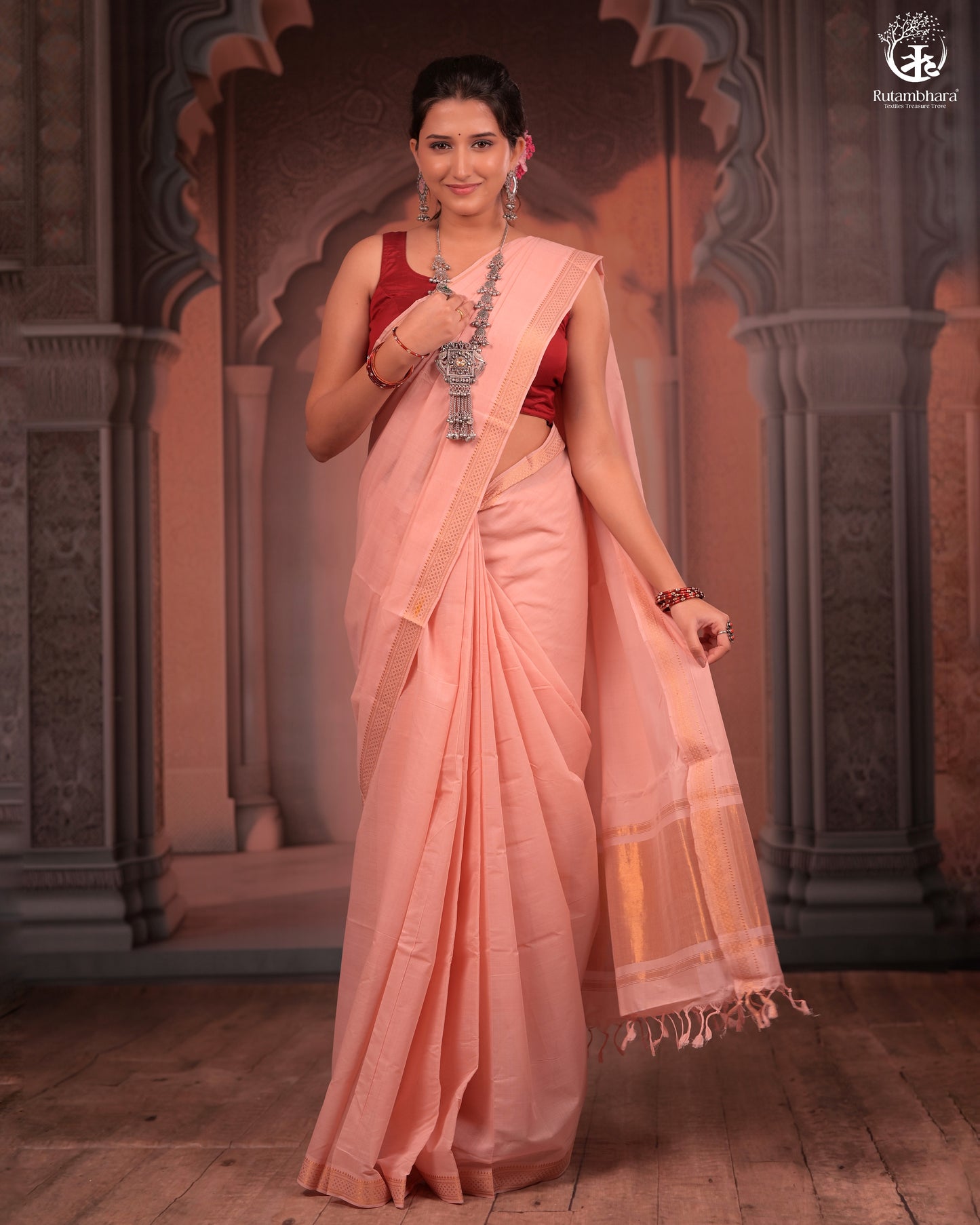 BHADRA - Elegant Blush Pink Pure Cotton Saree with Gold Border and Kalamkari Blouse
