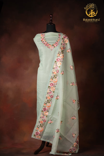 Pastel Green Kota Cotton Embroidered Suit Set
