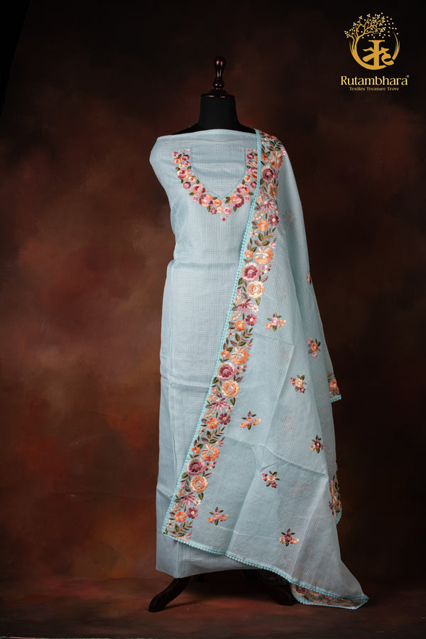 Pastel Blue Kota Cotton Embroidered Suit Set