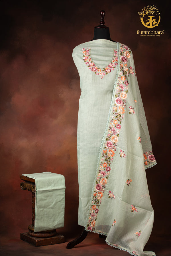 Pastel Green Kota Cotton Embroidered Suit Set