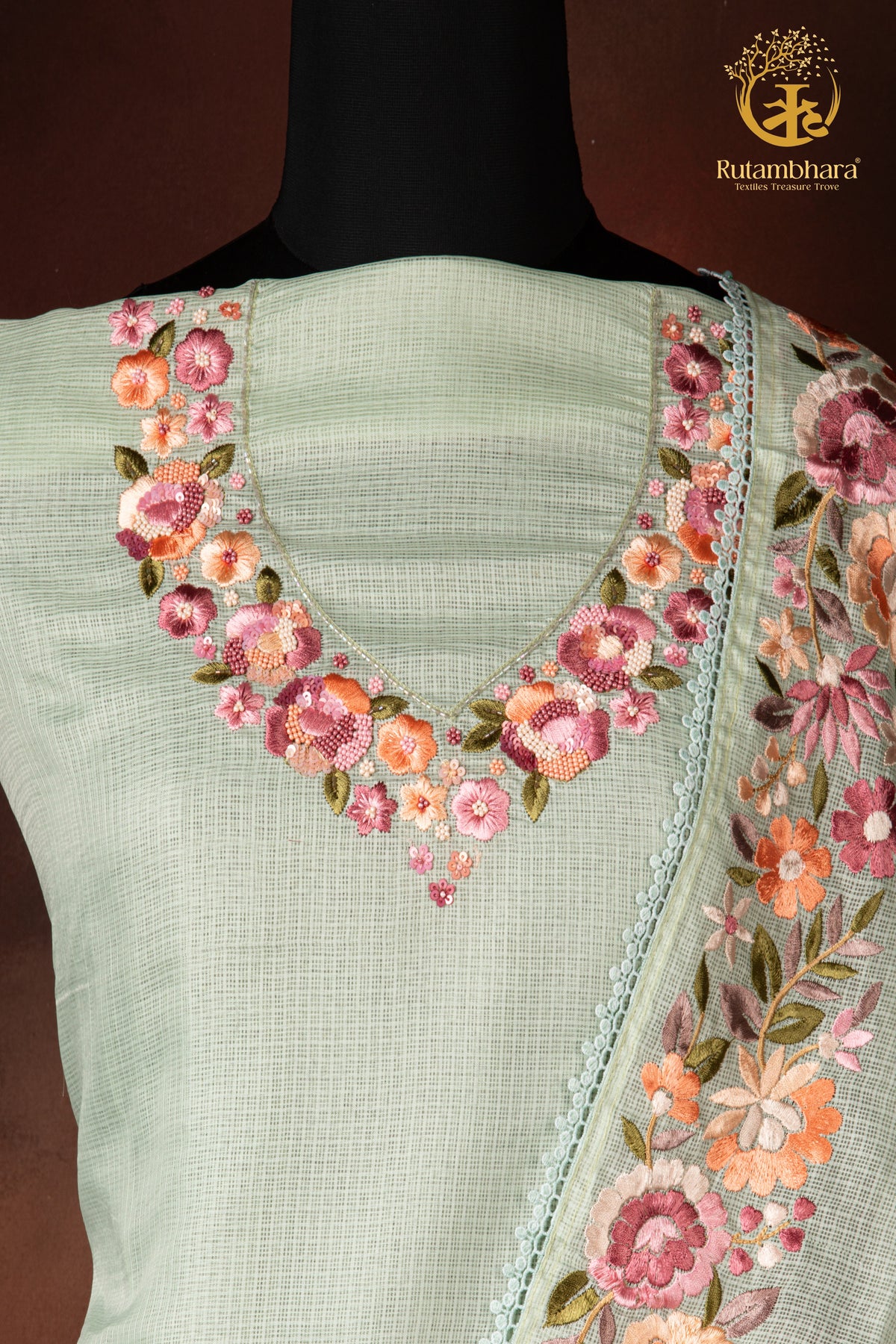 Pastel Green Kota Cotton Embroidered Suit Set