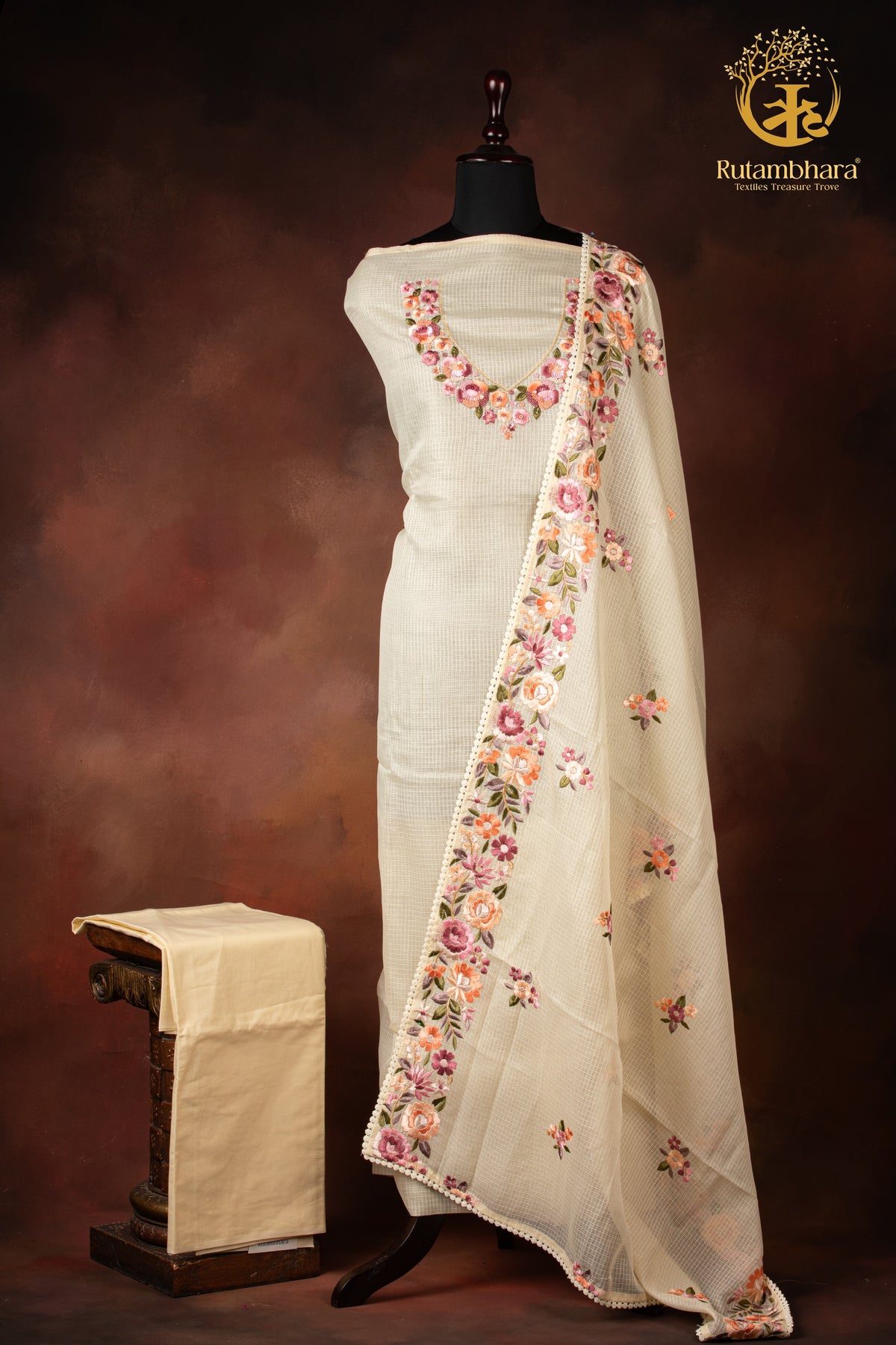 Pastel Yellow Kota Cotton Embroidered Suit Set