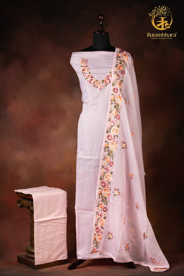 Pastel Pink Kota Cotton Embroidered Suit Set