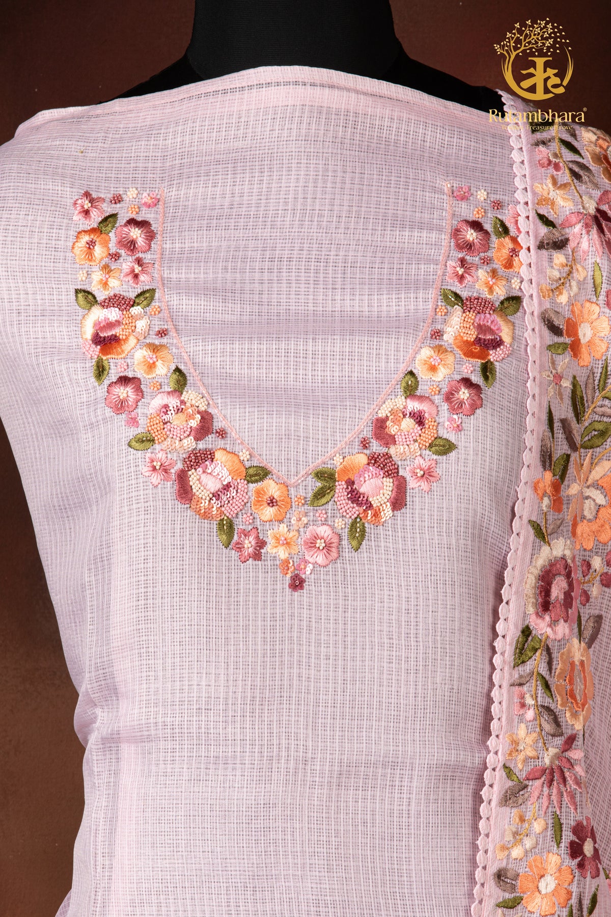 Pastel Pink Kota Cotton Embroidered Suit Set