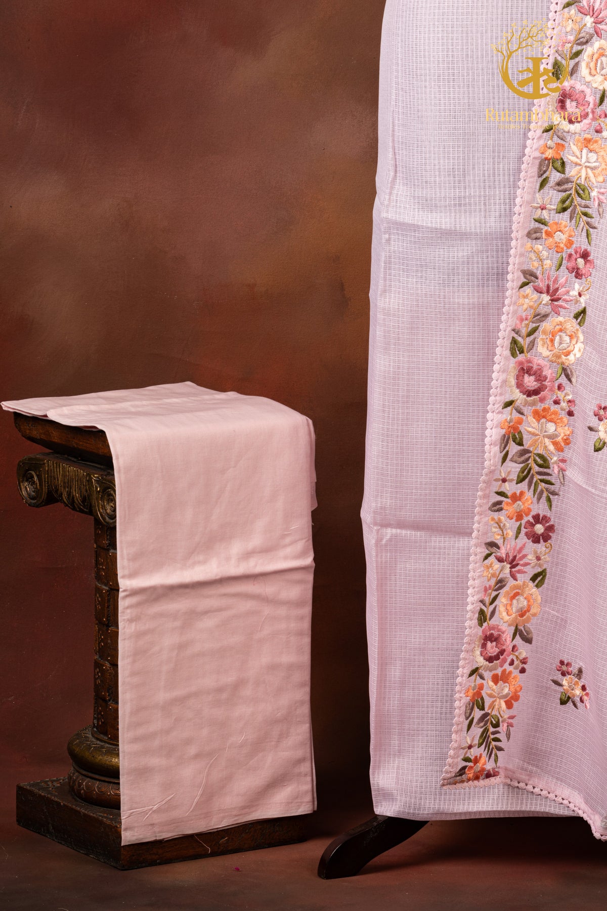 Pastel Pink Kota Cotton Embroidered Suit Set