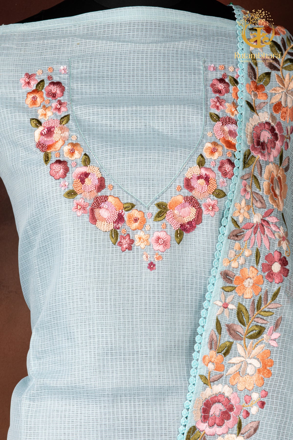 Pastel Blue Kota Cotton Embroidered Suit Set