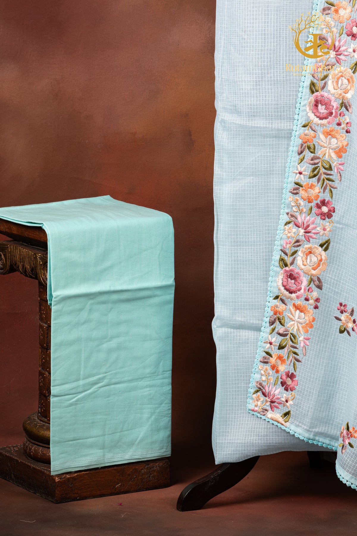 Pastel Blue Kota Cotton Embroidered Suit Set