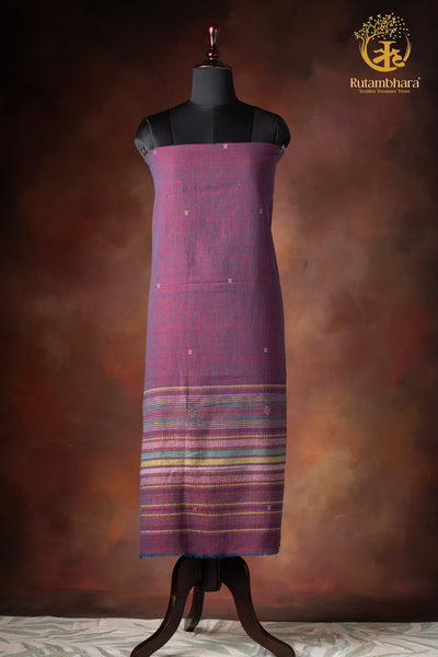 Jesaal - Handwoven Berry Indigo Kala Cotton Kurta Fabric With Muted Woven Stripe Panel