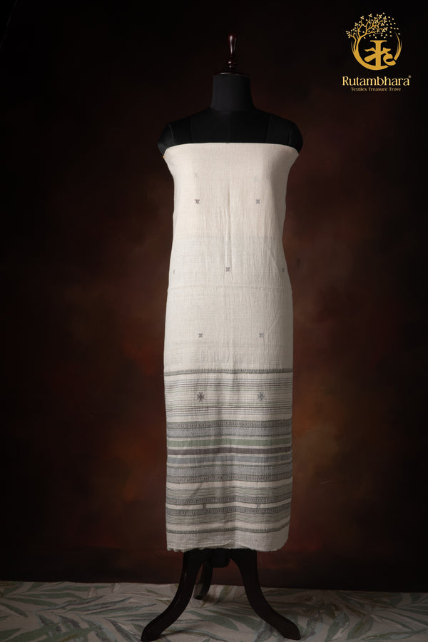 Jesaal - Handwoven Natural Ecru Kala Cotton Kurta Fabric with Muted Woven Stripe Panel